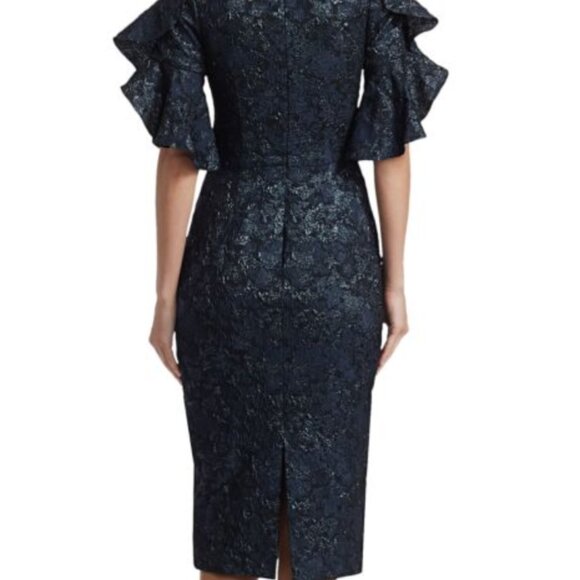 Theia Ruffle-Sleeve Cloqué Cocktail Dress Women's 2 Party Floral Sheath Boatneck - Picture 2 of 12